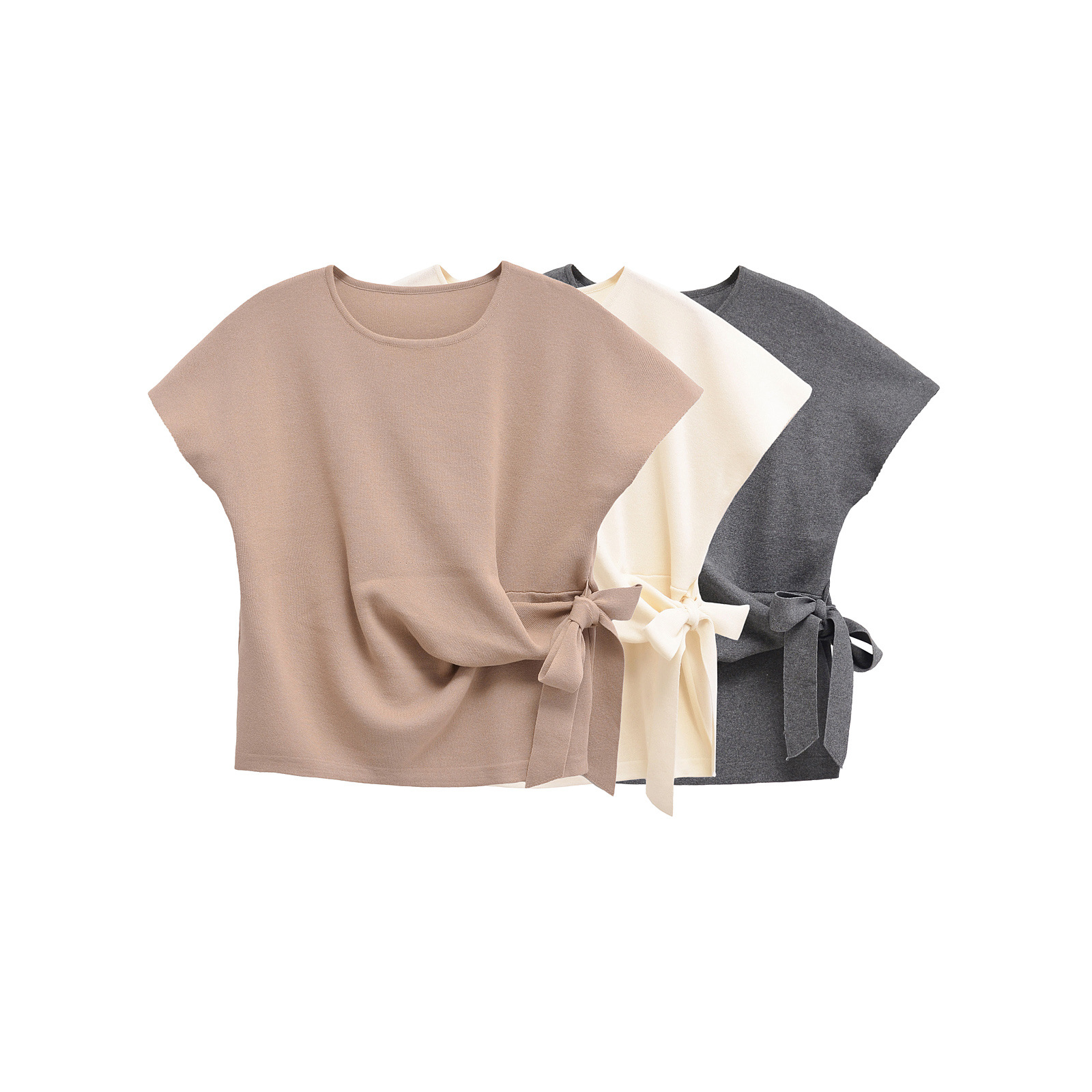Spring 2025 New European and American-style Women's Simple All-match Shoulder Short-sleeved Soft Knitted Lace-up Knitted T-shirt