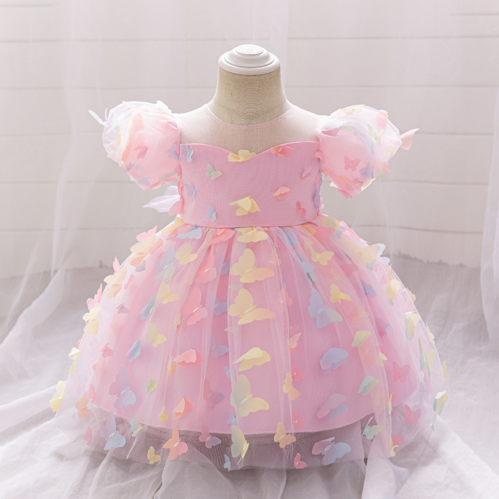 Cross-border Foreign Trade Baby Dress Girls' Three-dimensional Color Butterfly Mesh Princess Dress One-year-old Baby Bubble Sleeve Dress
