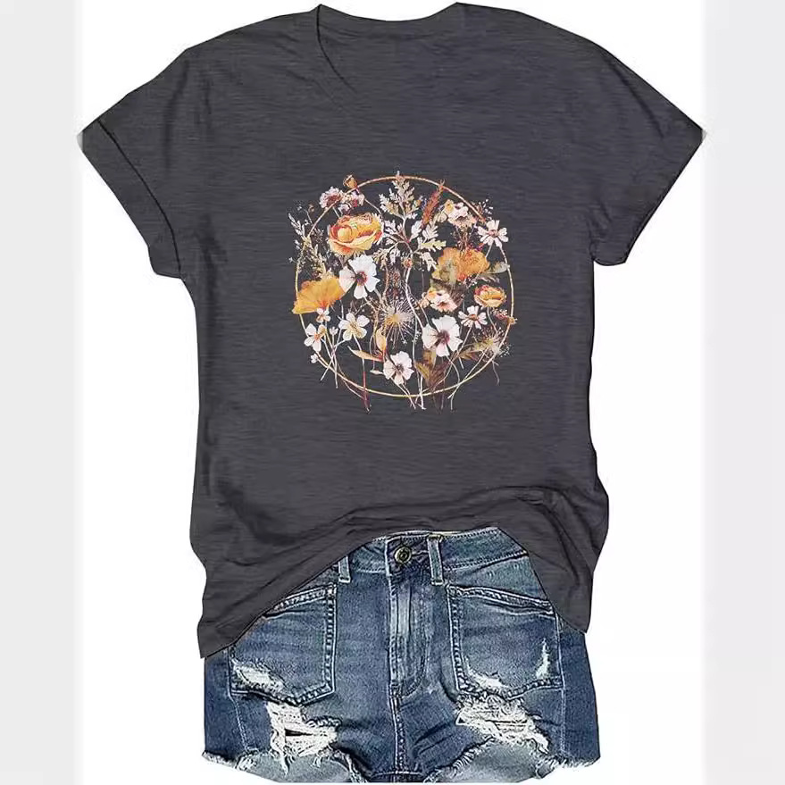 dark gray flower printed cotton T-shirt foreign trade new round neck short sleeve top plus size women's clothing