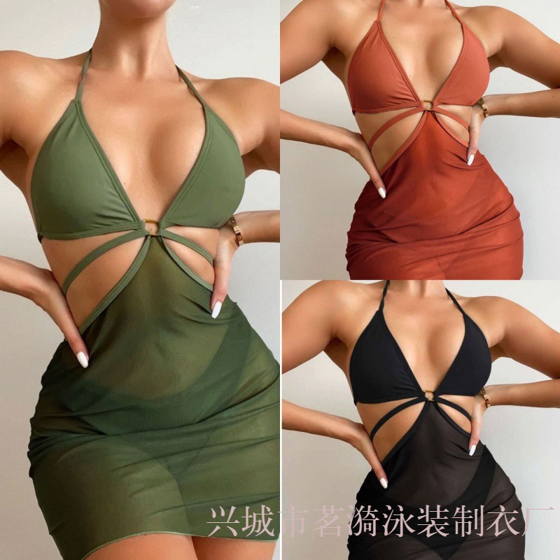 Mingyi New Sexy European and American Solid Color Multi-color Fashion Bikini Bikini Mesh Long Dress Three-piece Women's Swimsuit