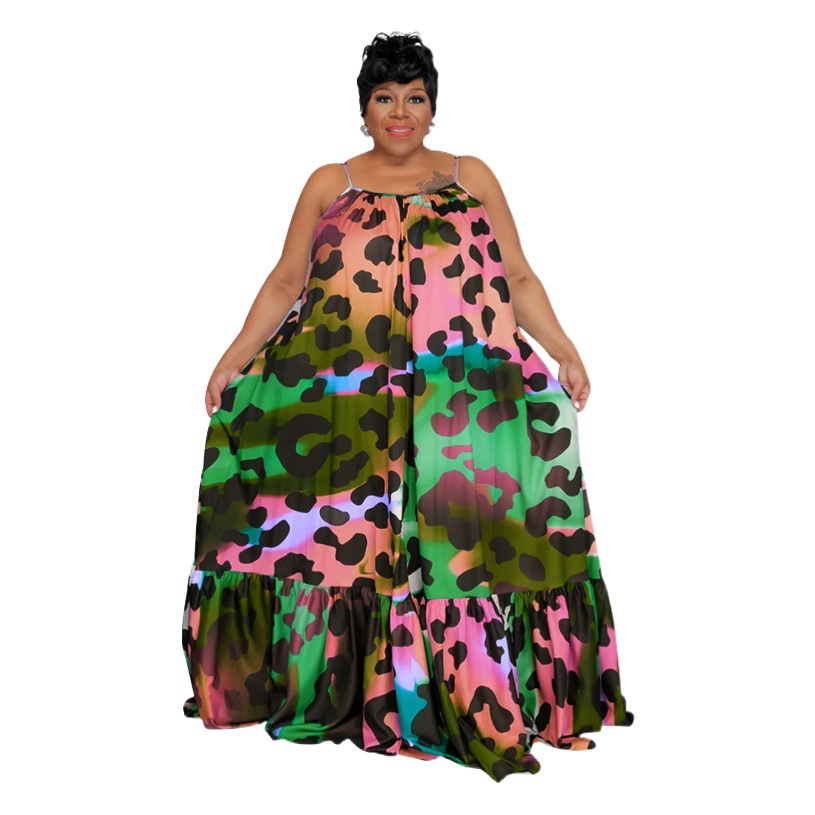 211308 European and American sexy off-the-shoulder pleated long plus size women's fashion printed sling dress can add cloak