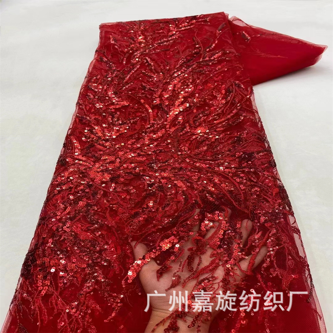 In stock Red National style cheongsam dress sequined embroidered fabric European and American stage dress wedding lace JX4095