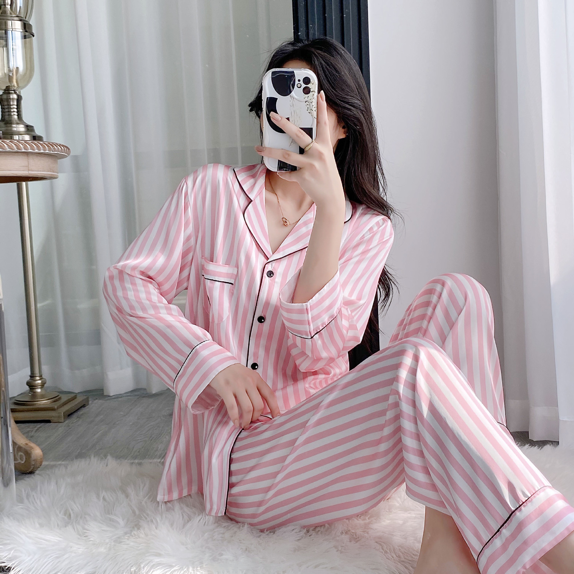 New Women's Long Sleeve Pajamas suit Cardigan Korean Style Home Clothes Striped Ice Silk Outer Wear Thin