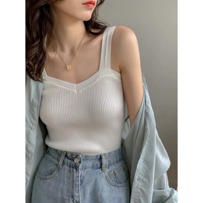 White Camisole Women's Spring and Summer All-match Slim-fit Slimming ins Fashionable Inner Base Shirt Outer Wear Knitted V-neck Top