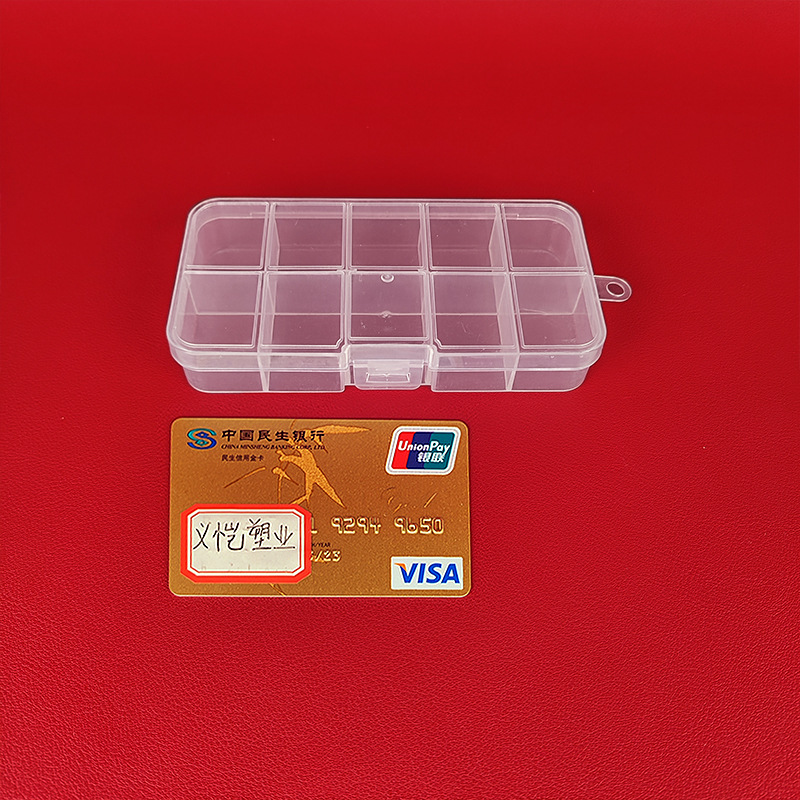 Fixed 10-Grids Transparent Plastic Classification Box with Card Slot, Guka Jewelry Paper Clip Storage Box, Bead String Storage Box