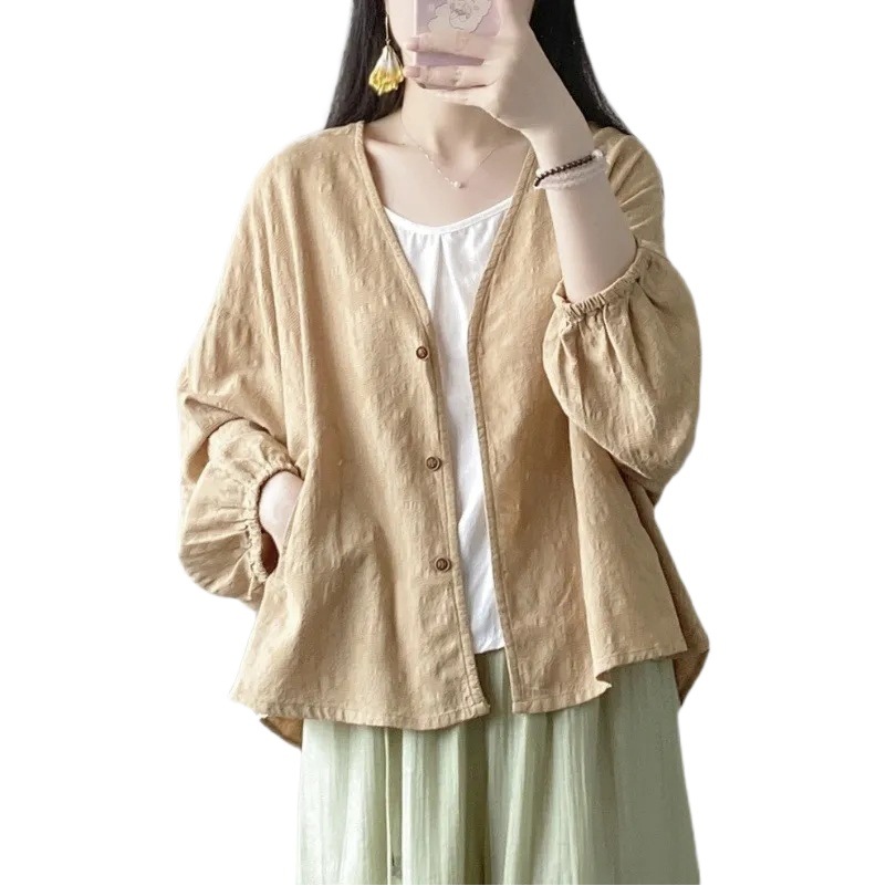 Cross-border Spring and Summer Cotton Linen Jacquard Cardigan Sun-protection Clothing Loose Slimming Bat-sleeved Long-sleeved Air-conditioned Shirt