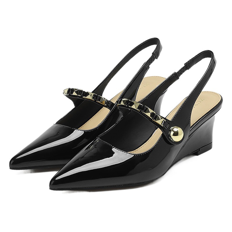 5162-8 Cross-border Foreign Trade Post-air Wedge Heel High-heeled Shoes Pointed 2025 New Rivet Thick Sole Shoes Women
