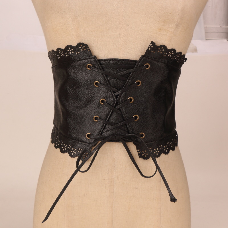 Cross-border Women's Shirt Dress with Waist Seal Lace Embossed Elastcoat Belt All-match Black plus size Wide Belt for Outer Wear