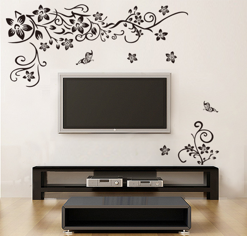 ZY027S cross-border new black butterfly diagonal Flower Vine European and American home black TV background wall stickers wholesale