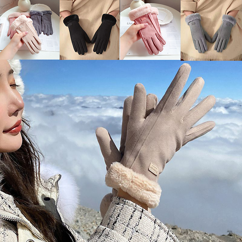 De-Velvet Gloves Women's Touch Screen Outdoor Cycling Warm Cute Cold-proof Electric Vehicle Student fleece-lined Thickened Winter Gloves