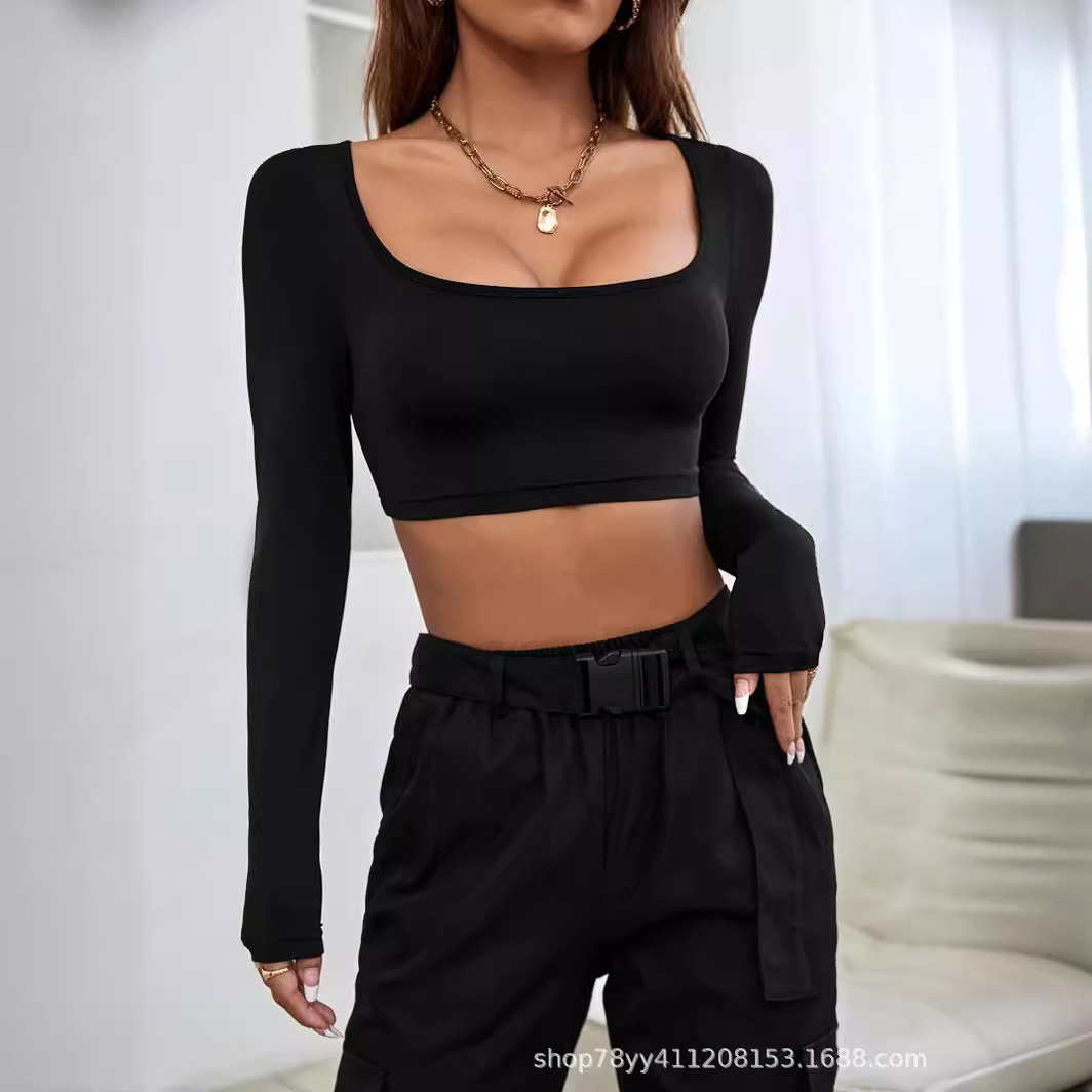 Picture of European and American 2024 Amazon Women's Clothing Cut-Off Sports and Leisure Knitted High-Elastic Long-Sleeved T-Shirt Tops Slim and Slim