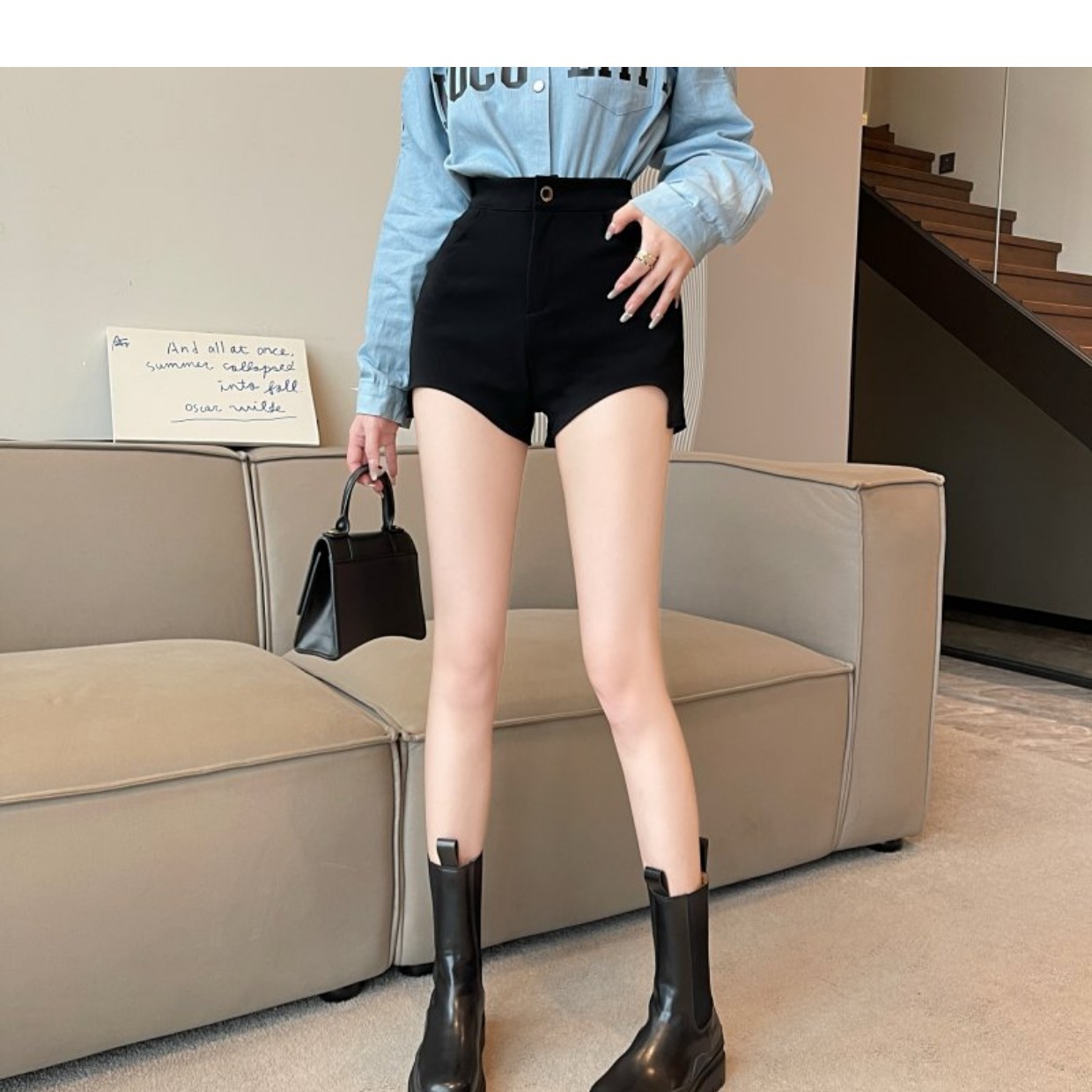 Picture of High Waist Shorts Women's Outer Wearing Spring 2023 New Black A- Shaped Super High Waist Wide Leg Slimming Casual Hot Pants ins Trendy