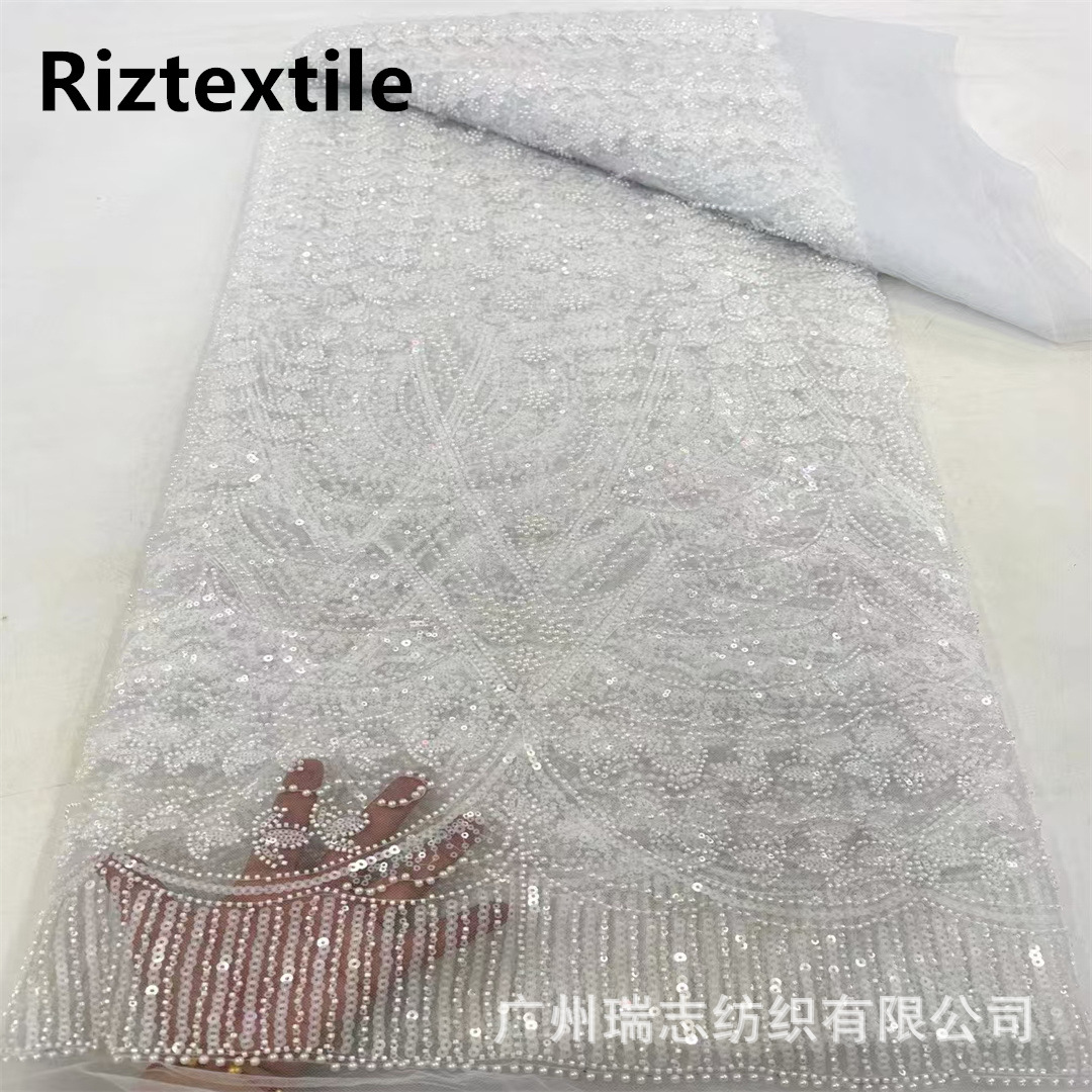 Cross Border in stock White Beads Sequins Wedding Dress Embroidery Fabric White wedding Dress Lace