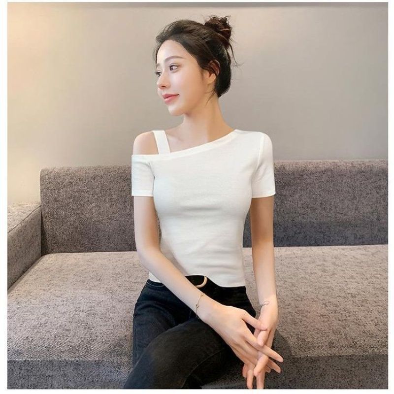 One-Shoulder Modal Cotton Short-Sleeved Women's Summer New Off-Shoulder Sexy Collarbone Design Niche T-Shirt Top Trendy