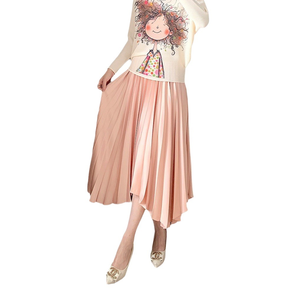 Irregular Design Sense Skirt Women's A- shaped Mid-length Autumn and Winter New Handmade Pleated Half-cut Skirt Slim