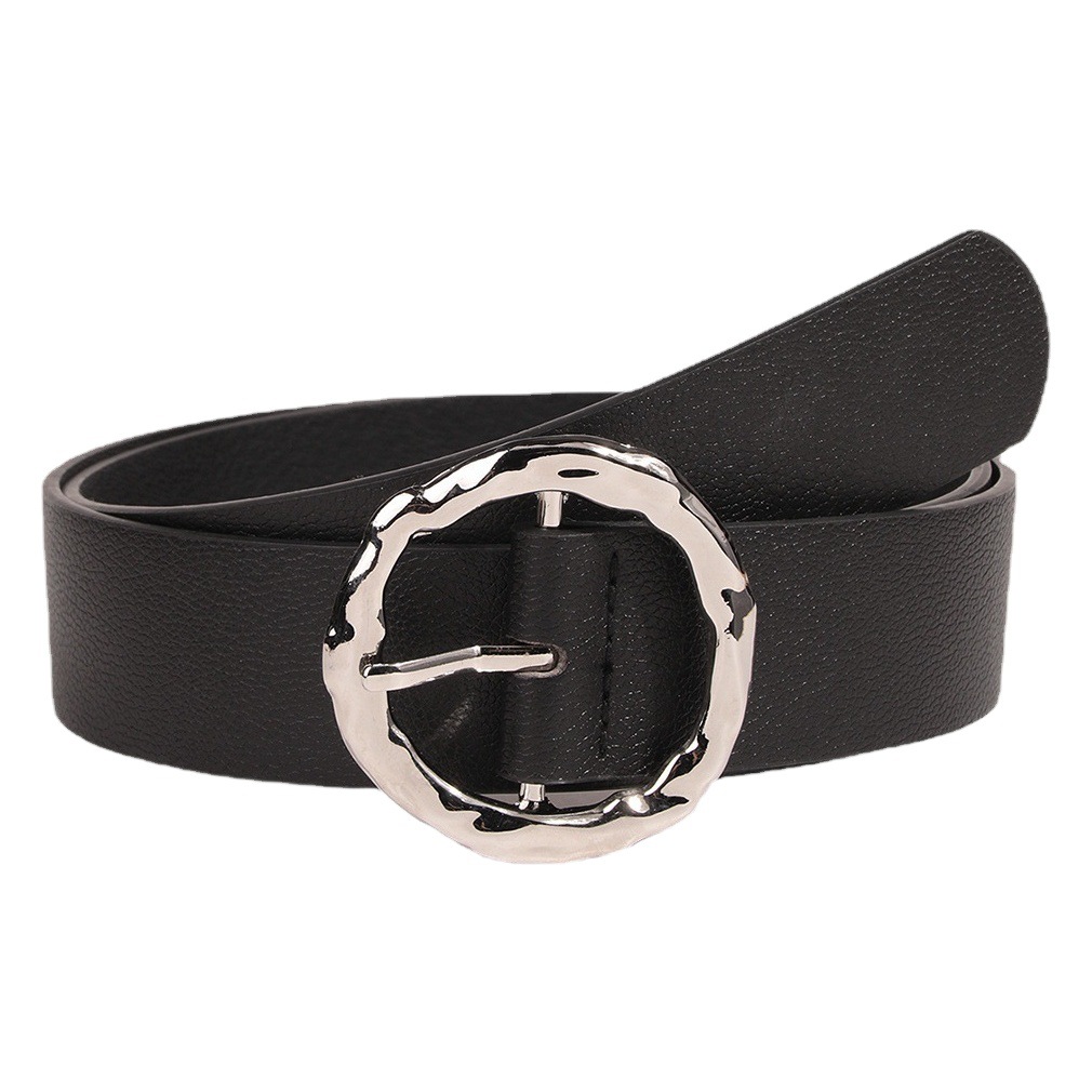 Women's alloy fashion summer chic style all-match round litchi pattern flat pin buckle cross-border commuter imitation leather belt