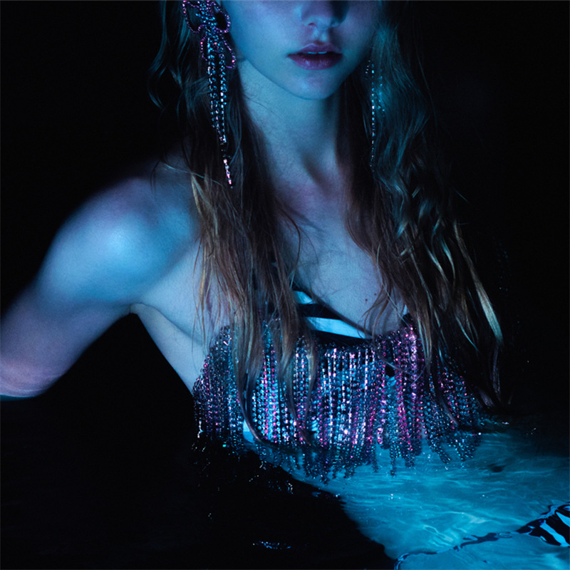 New Bohemian long tassel pink blue diamond body chain shiny rhinestone bra exotic style chest ornament body chain