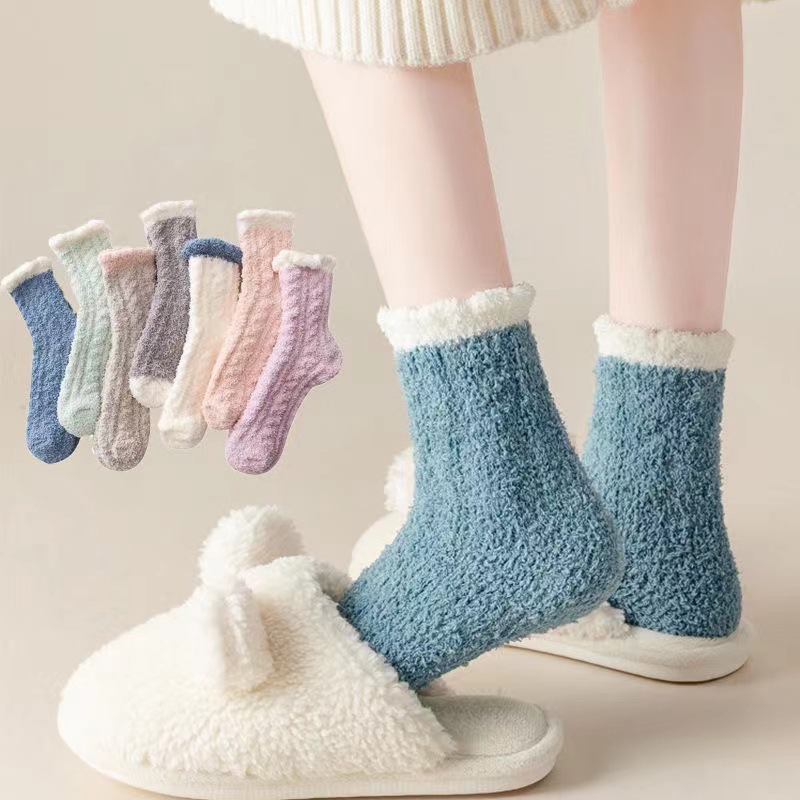 Stuffed Socks for Women in Autumn and Winter Warm Coral Velvet Sleep Socks Thickeneded Non-Slip Home Breathable Floor Socks Fleece-Lined