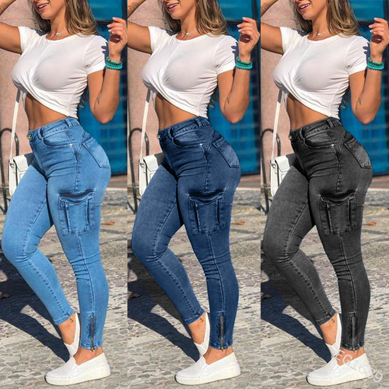 European and American Foreign Trade Sexy Zipper Women's Pants Pocket Grinded White Old Fashion Women's Denim Work Pants
