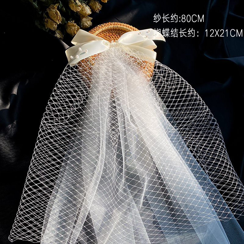 Picture of 2024 New Arrival Bow Veil Super Fairy Wedding Travel Photo White Satin Mesh Hairpin Bridal Hair Accessories