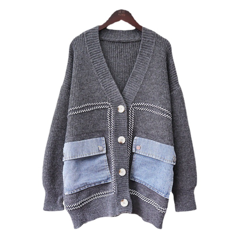 2025 New Autumn and Winter Korean Style Loose Splicing Denim Knitted Cardigan Design Lazy Style Sweater Jacket for Women Trendy