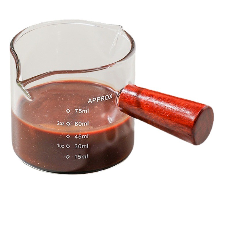 Picture of Wooden handle glass small Milk Cup espresso cup scale measuring cup double mouth sharing pot latte cup Mini Milk Jar