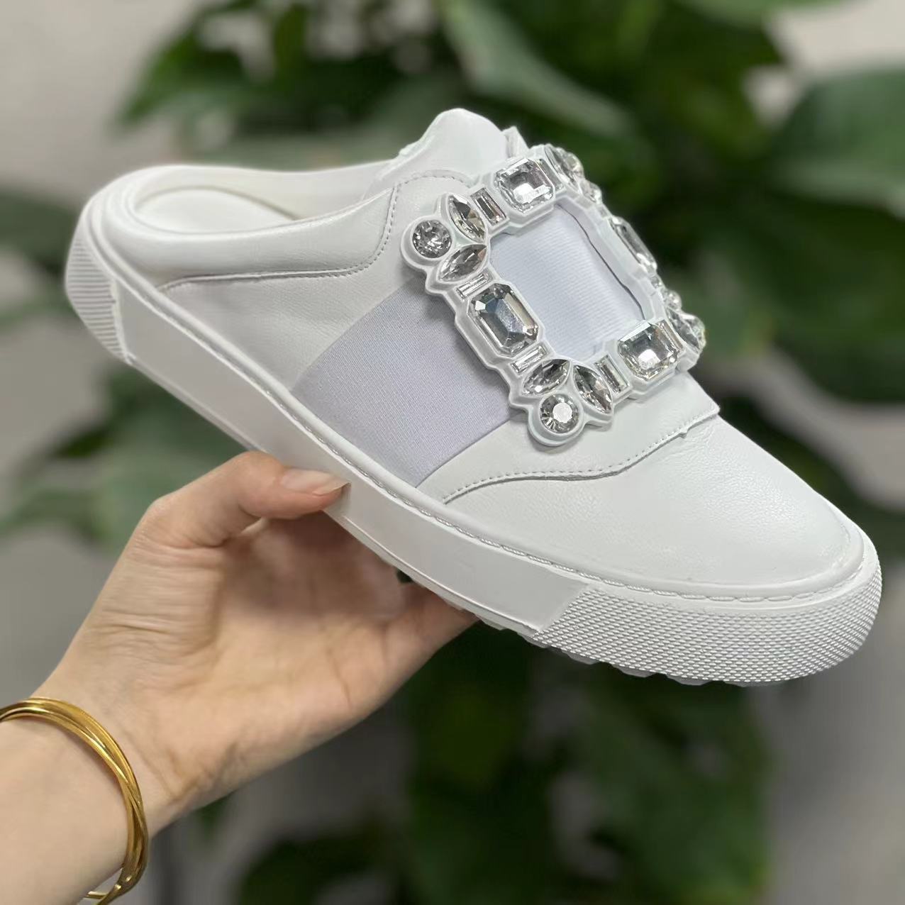 Romis 2024 New Fashion Sports Shoes Genuine Leather Loafers Diamond Buckle Flats White Shoes Half Slippers Trendy Women's Shoes