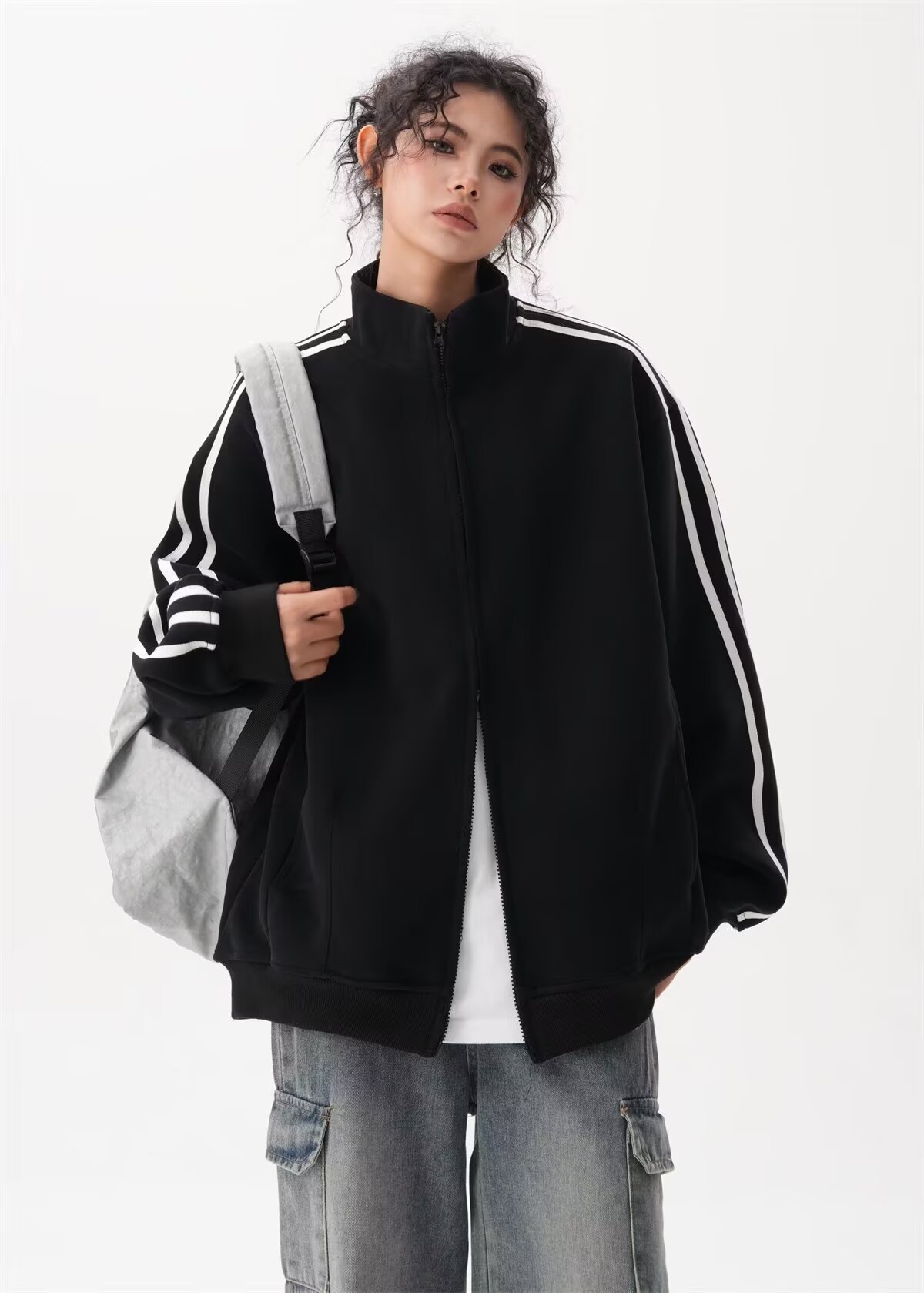 Picture of American-style Sports Casual Striped Zipper Sweatshirt Coat Women's Spring and Autumn Korean-style Baseball Suit Cool and Sruff Top Trendy