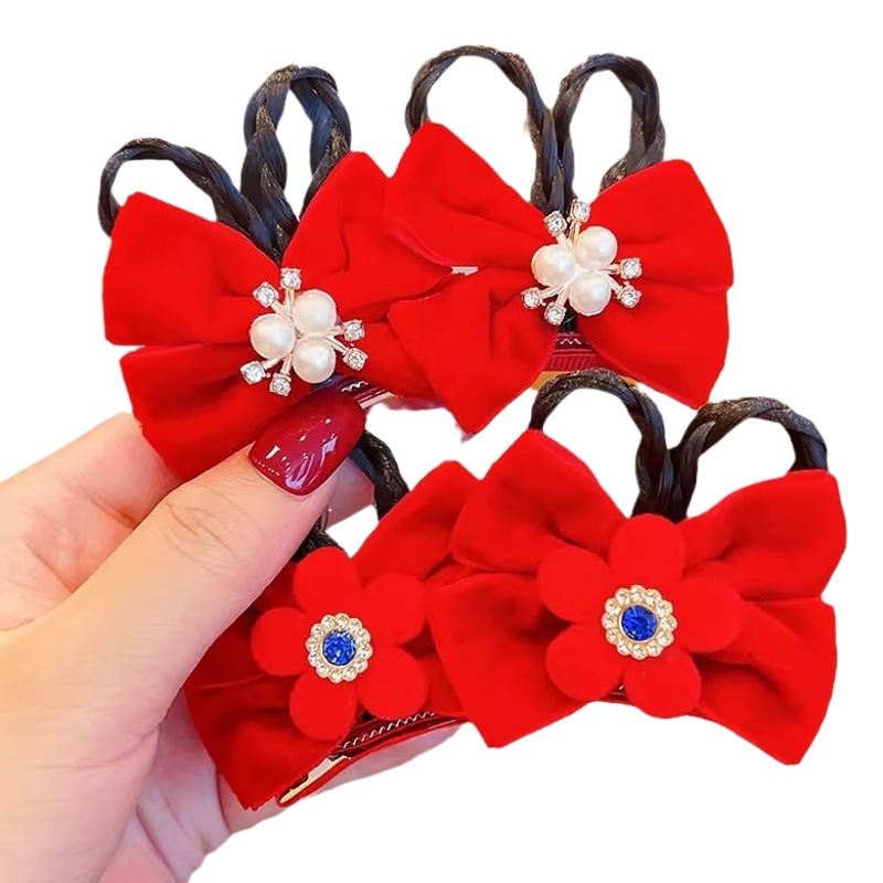 Picture of Children's Hairpin Headdress Little Girl Head Flower Cute Wig Braid Performance Bow Hairpin New Year's Eve Hair Accessories