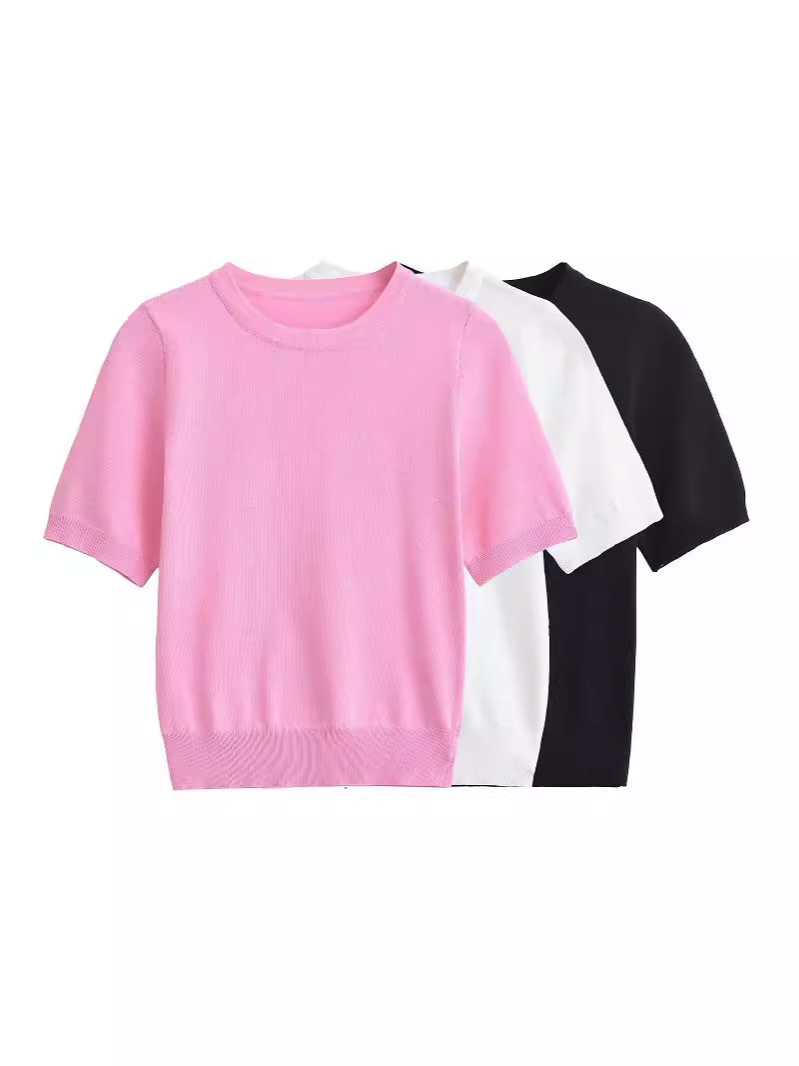 Cross-border European and American style AliExpress explosions 2024 women's foreign trade wholesale in stock flat needle short sleeve basic sweater