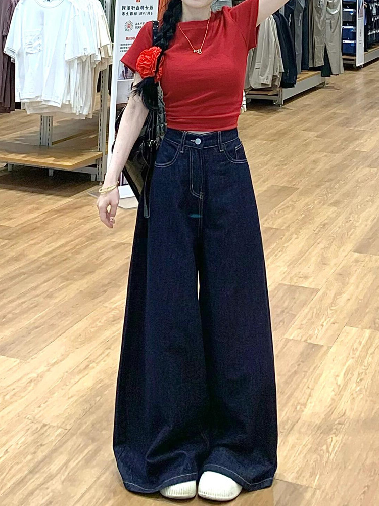 American Style Retro High Waist Wide Leg Denim Pants Women's Summer New Loose Slimming All-match Straight Pants