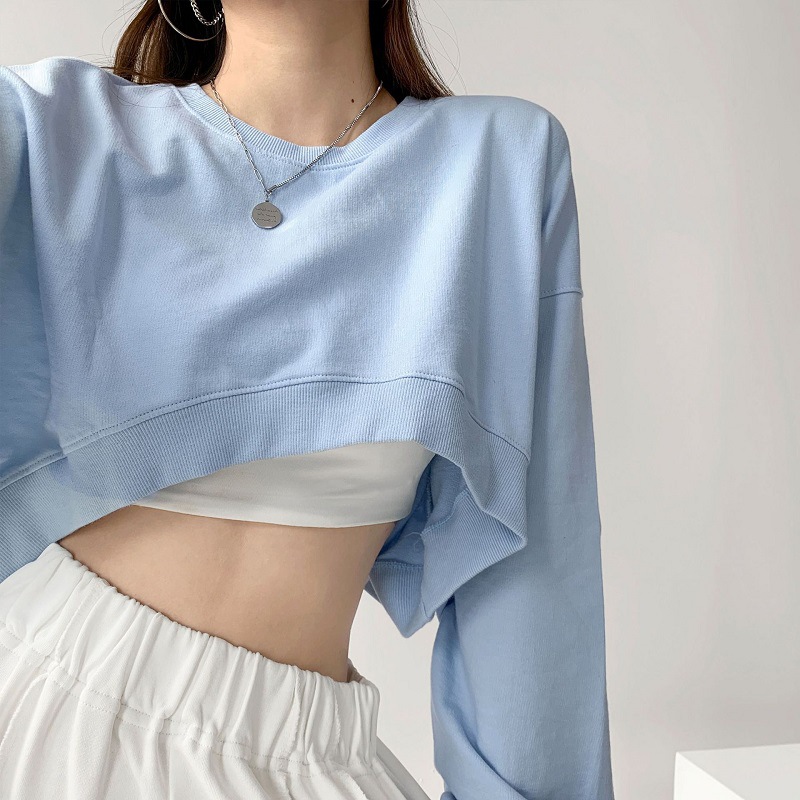Picture of Short Sweater Women's Autumn Korean Solid Color New Loose Navel Round Neck Women's Foreign Trade Top Women's Fashion Wholesale
