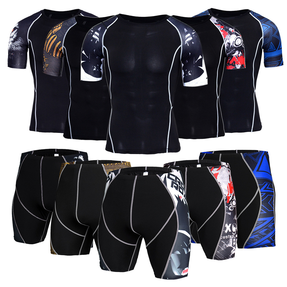 Cross-border Printed Sports Tight Short-sleeved Shorts Men's suit Quick-drying Breathable Stretch Basketball Training Tight Clothes