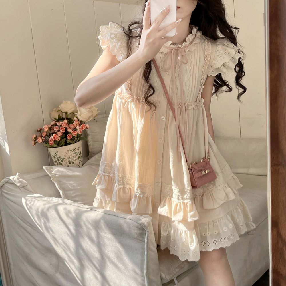 2024 Summer New Thai Style Small Flying Sleeve Dress Women's Summer New Ear Edge Slimming High-grade Dress