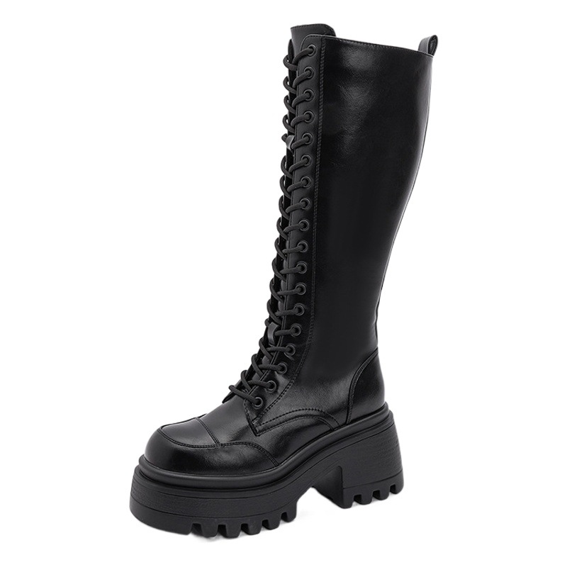 Thick-Soled Knight Boots for Women 2025 Autumn and Winter New Black Heightening Boots Versatile Lace-Up Boots Fashionable Women's Boots