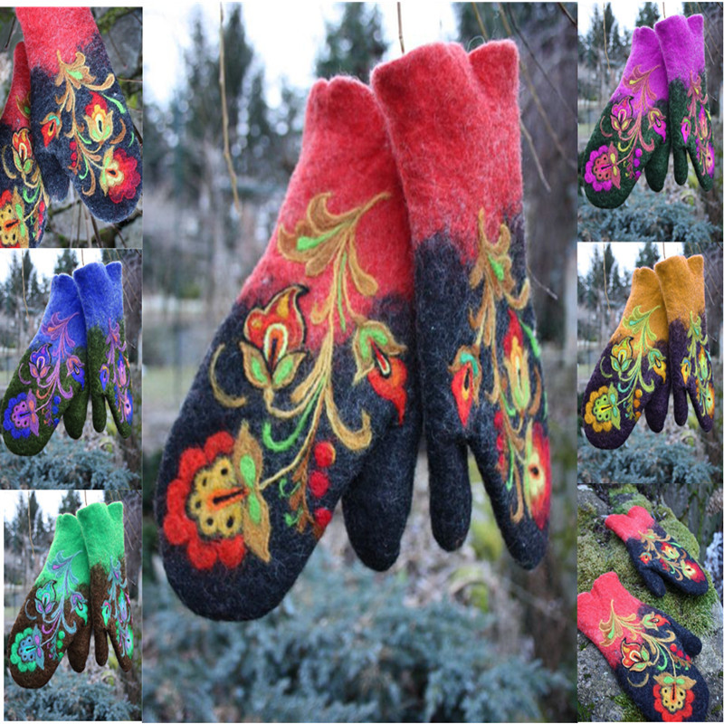 New Cross-border European and American Women's Thickened Color Matching Embroidered Winter Warm Christmas Gloves