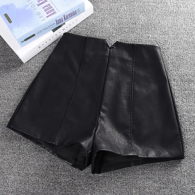 Picture of 2023 New Autumn and Winter Women's Black High-Waisted Slimming Wide-Leg A-Line Pu Leather Hot Pants with Zipper Design