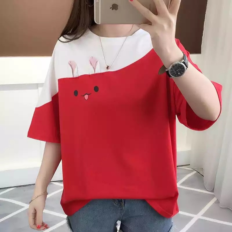 Picture of 2025 New Summer Embroidered Rabbit Korean Style Color Block T-Shirt Student Top Loose Short-Sleeved Women's Clothing One Piece Store