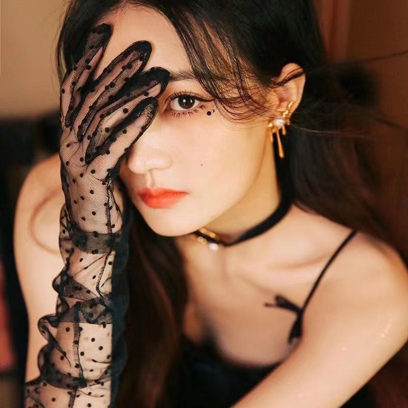 Spring and Summer Tulle Dot Gloves Model Photo Sexy Dress Long Finger Bag Fashion Mesh Photo Retro