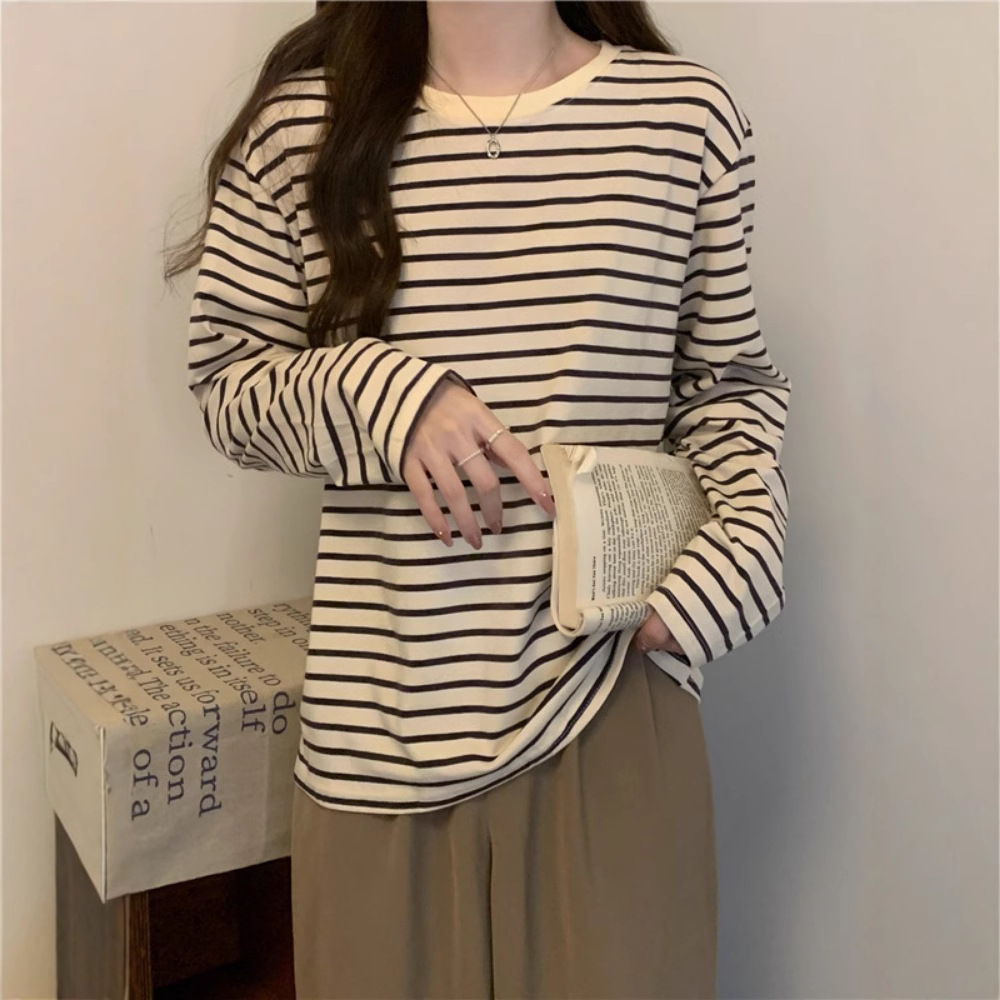2024 Early Autumn New Long Sleeve Women's Loose Crewneck College Loose T-shirt Base Shirt Retro Striped All-match Top