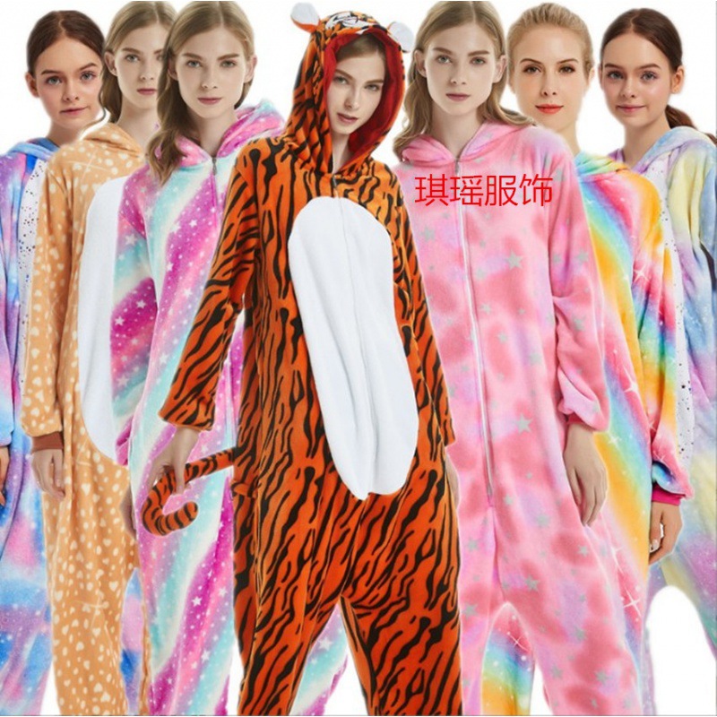 Adult mixed batch autumn and winter flannel cartoon animal conjoined pajamas men and women couple home penguin costumes wholesale