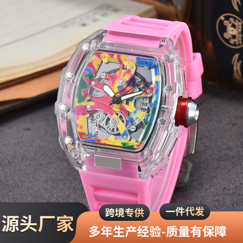 Cross-border New Transparent Hollow Barrel Watch Men's Fashion Silicone Watch Quartz Strap Calendar Watch