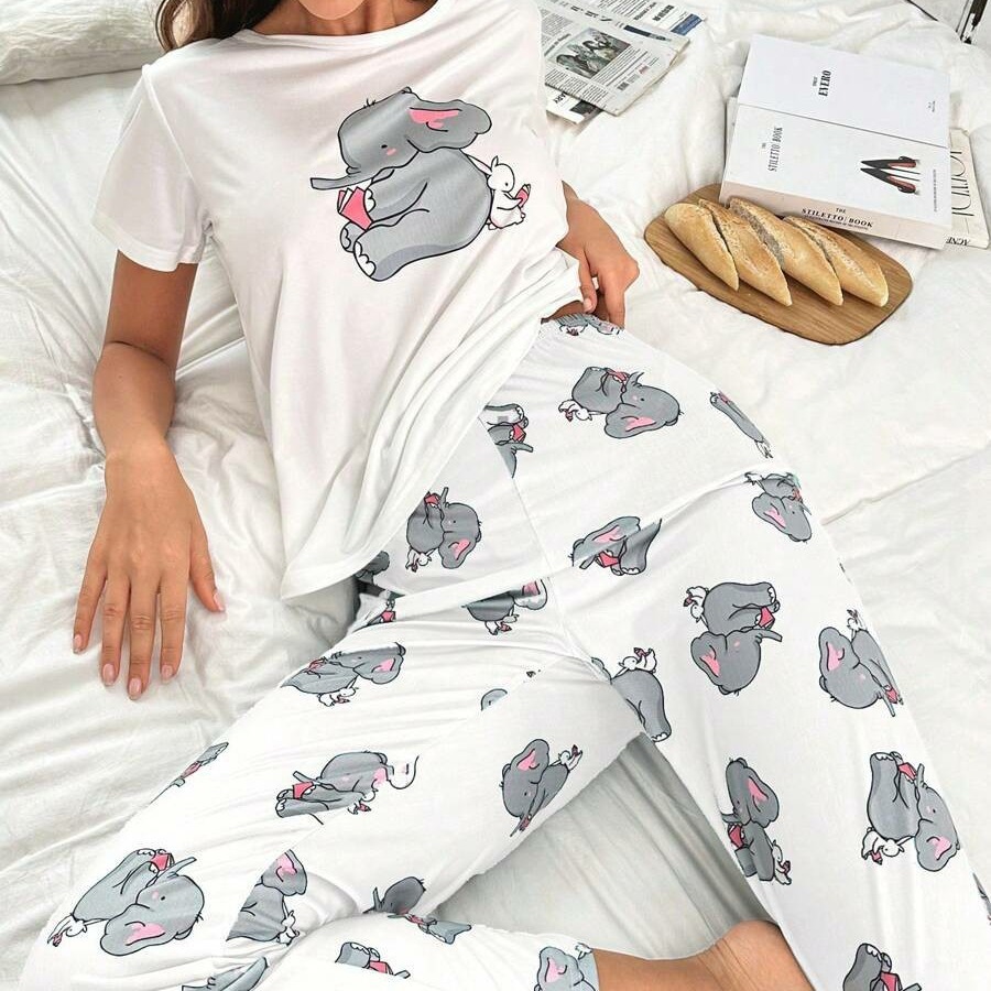 Casual and Comfortable Two-Piece Pajama Set with a Cartoon Dumbo Design for Women, Suitable for Home Wear and Cross-Border E-Commerce