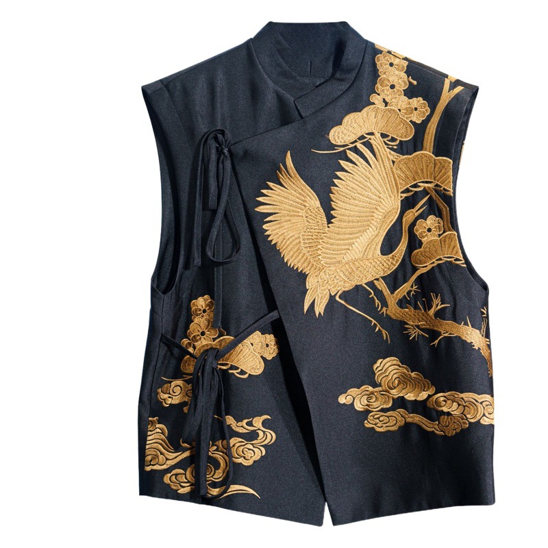 National Tide Style Vest Coat Fashionable Western Style Heavy Industry Crane Embroidery New Chinese Style Loose Lace-up Vest for Women