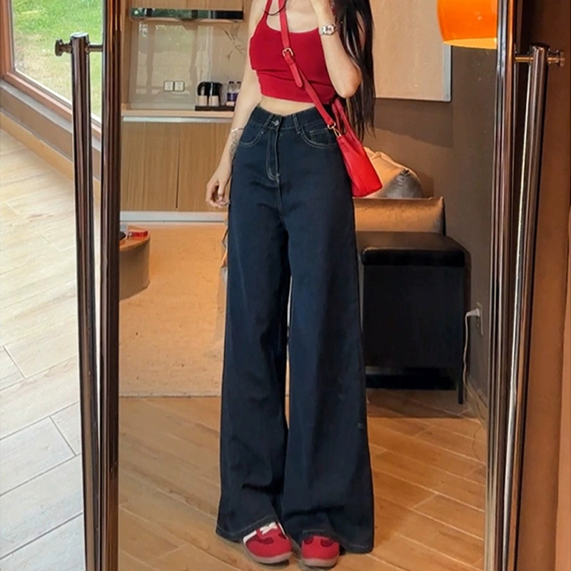 Mopping Trousers dark blue Straight Leg Pants Casual Meat Covering Dipped Wide Leg Loose American Style High Waist All-match Jeans for Women