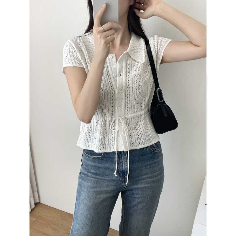 Chic Korean Style Polo Collar Drawstring Waist Knitted Top
