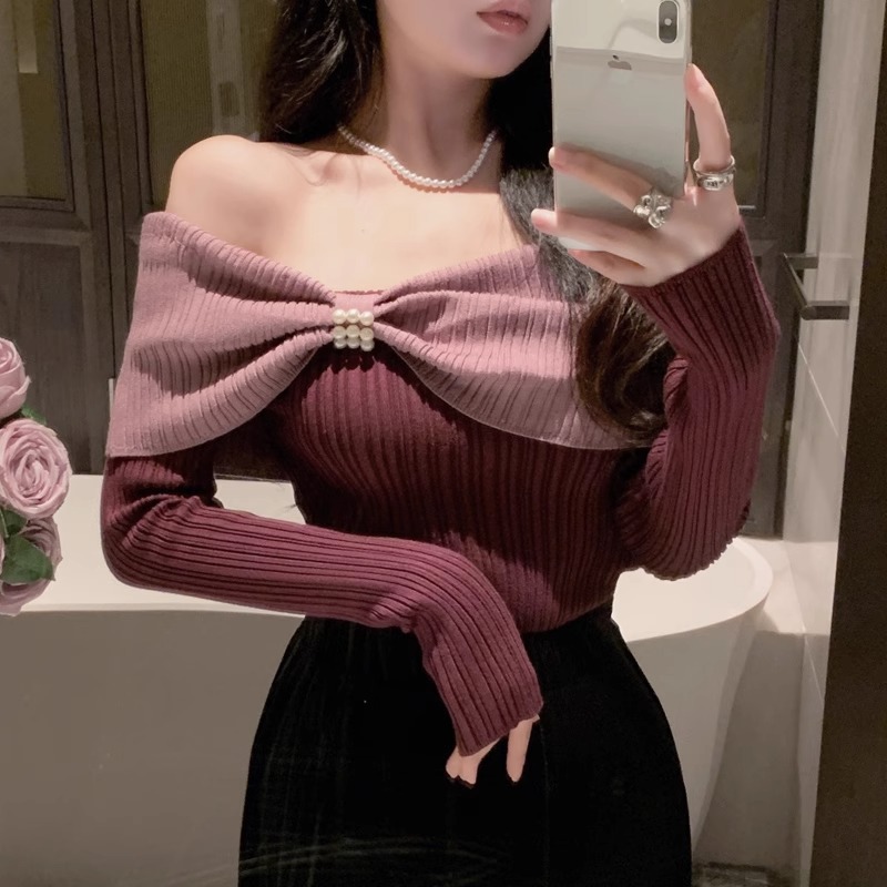 Pure Spice Girl off-shoulder Long-sleeved Top Women's Autumn and Winter New Stitching Slim-fit Knitted Base Shirt Sweater