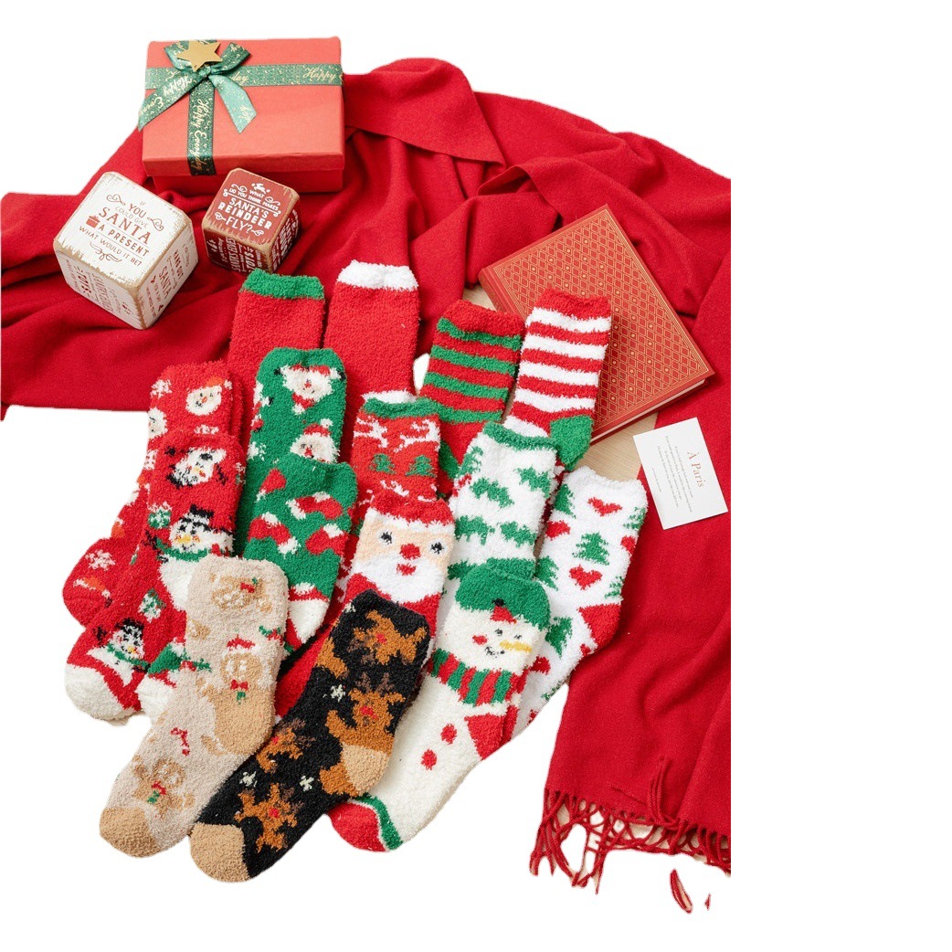 Christmas socks mid-barrel Christmas tree mid-barrel socks Santa Claus elk coral fleece Christmas socks wholesale cross-border