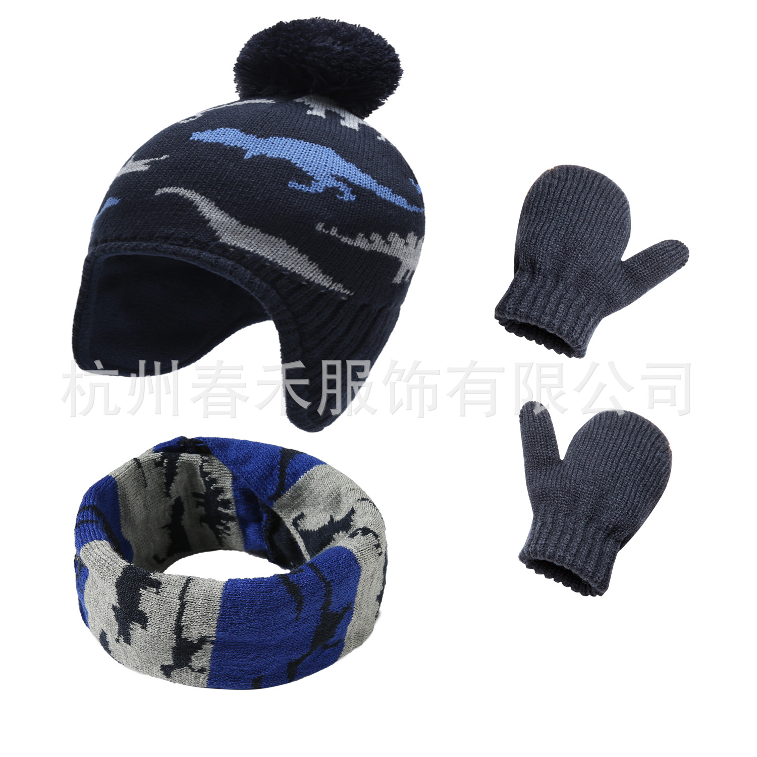 Picture of Spot 6 Color Explosions Autumn and Winter Cartoon Cute Dinosaur Hat Bag Set Young Children's Knitted Hat Gloves Scarf 3-piece Set