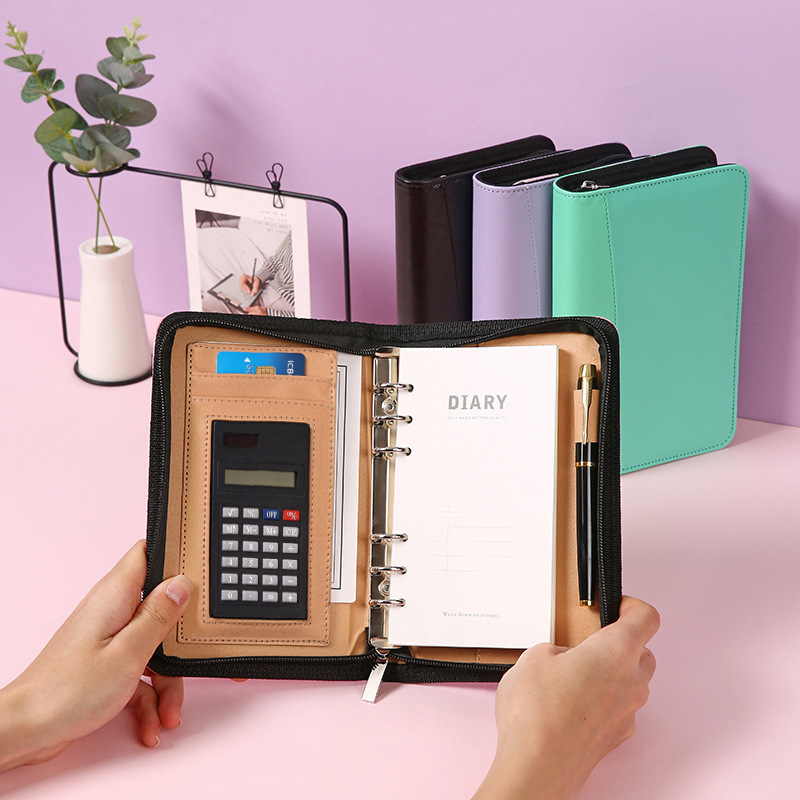 Picture of Solid Color Business Loose-leaf Hand Ledger Wholesale Zipper Bag with Calculator Multifunctional Notebook Notepad Print LOGO